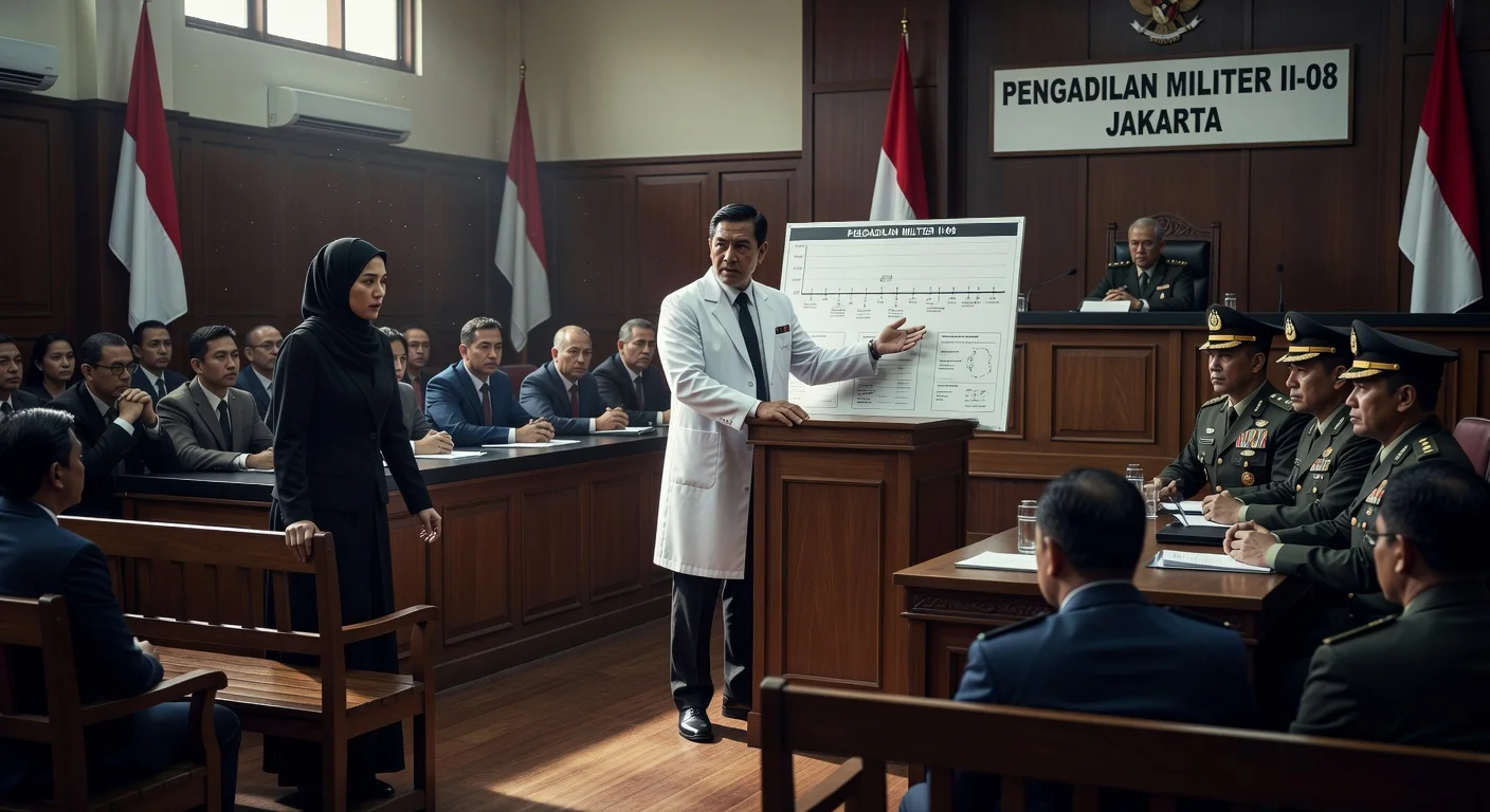 Illustration of a forensic expert testifying in a Jakarta military court about the death of a bank executive, with the victim's wife present.