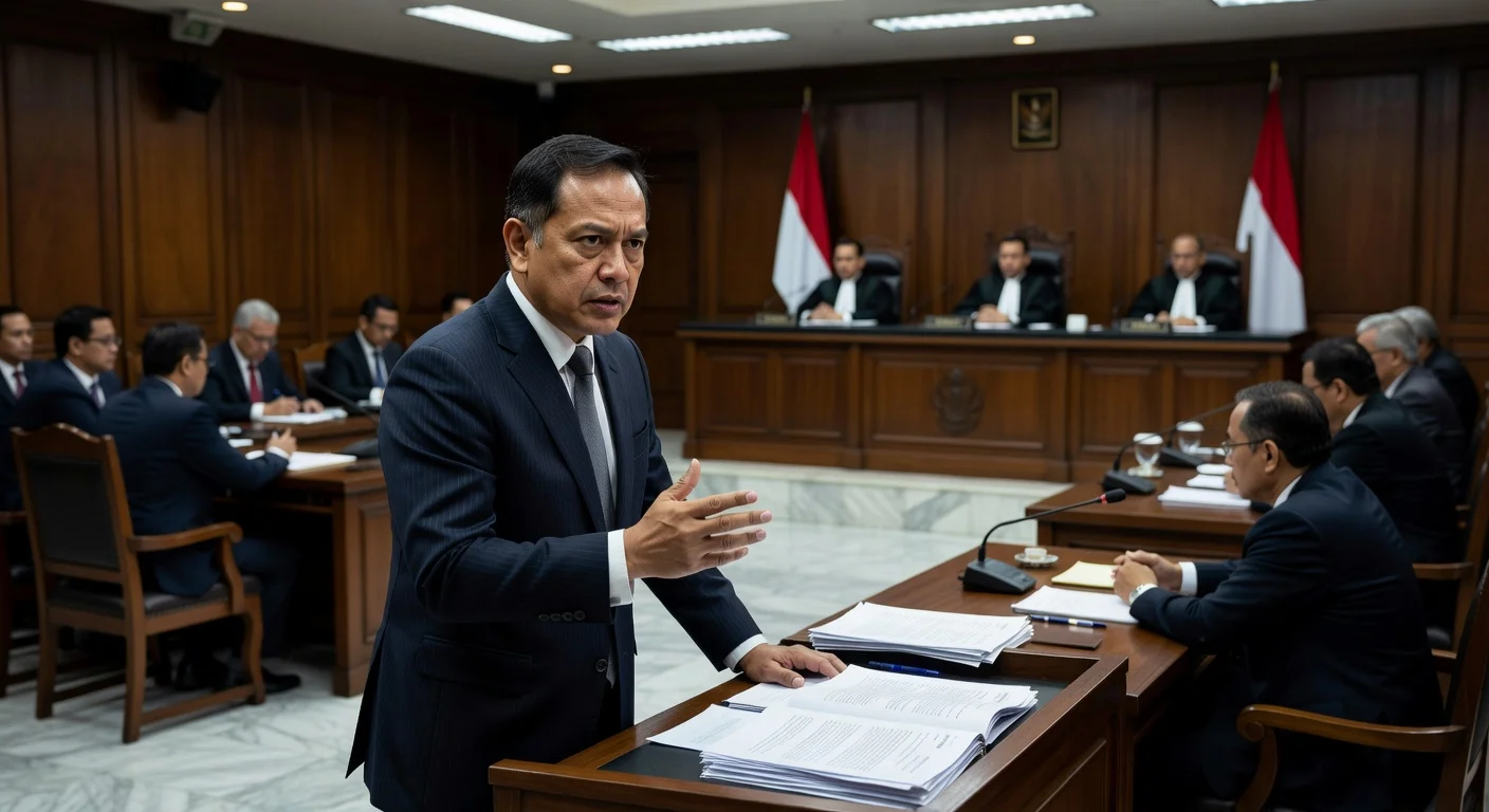 Former Education Minister Nadiem Makarim testifying in a Jakarta courtroom during his corruption trial.