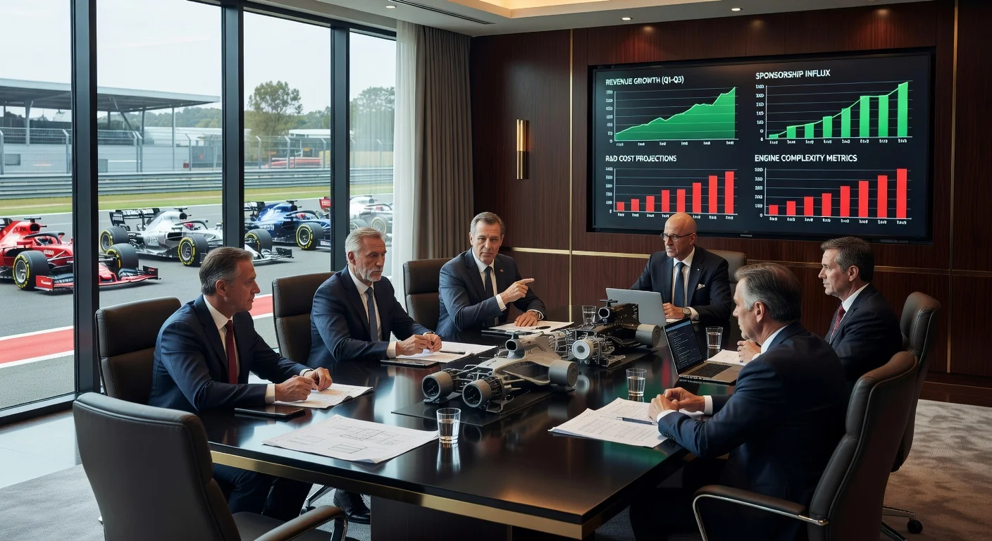 F1 leaders debating simpler engines in a boardroom with race cars visible, symbolizing reduced manufacturer sway.