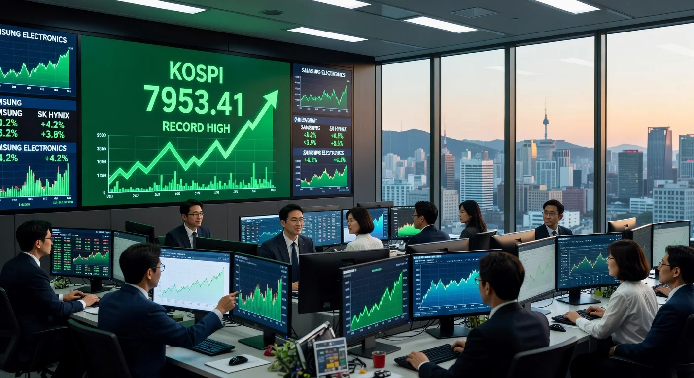 Illustration of KOSPI reaching record high above 7900 points with digital display and Seoul skyline.
