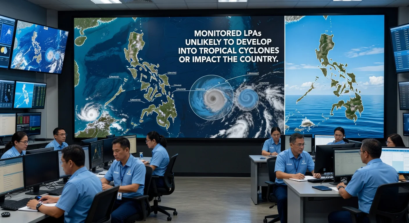 PAGASA weather bureau monitoring two low-pressure areas on maps, unlikely to affect Philippines weather.