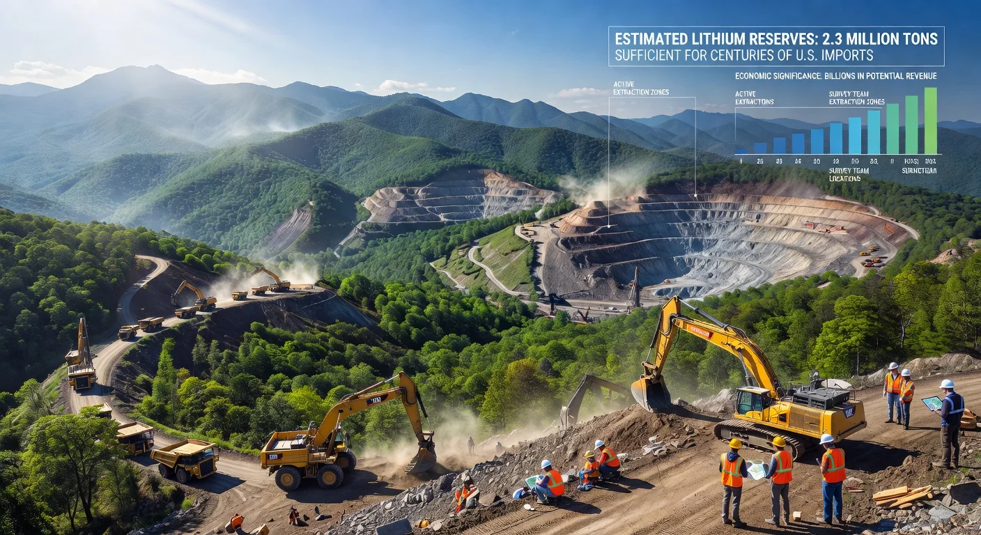 Photorealistic illustration of Appalachian Mountains with lithium mining operations and resource estimates for a news article.