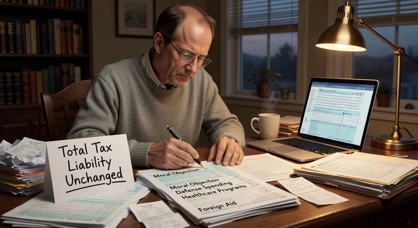 A taxpayer marking moral objections on tax forms without altering the total amount due, in a realistic home office setting.