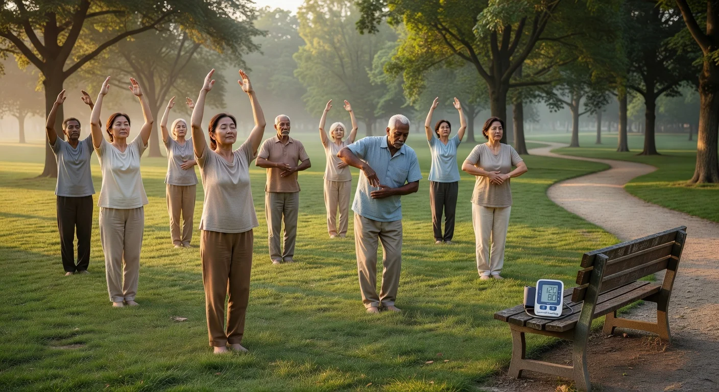 Adults practicing Baduanjin in a peaceful park, showing its benefits for blood pressure reduction.