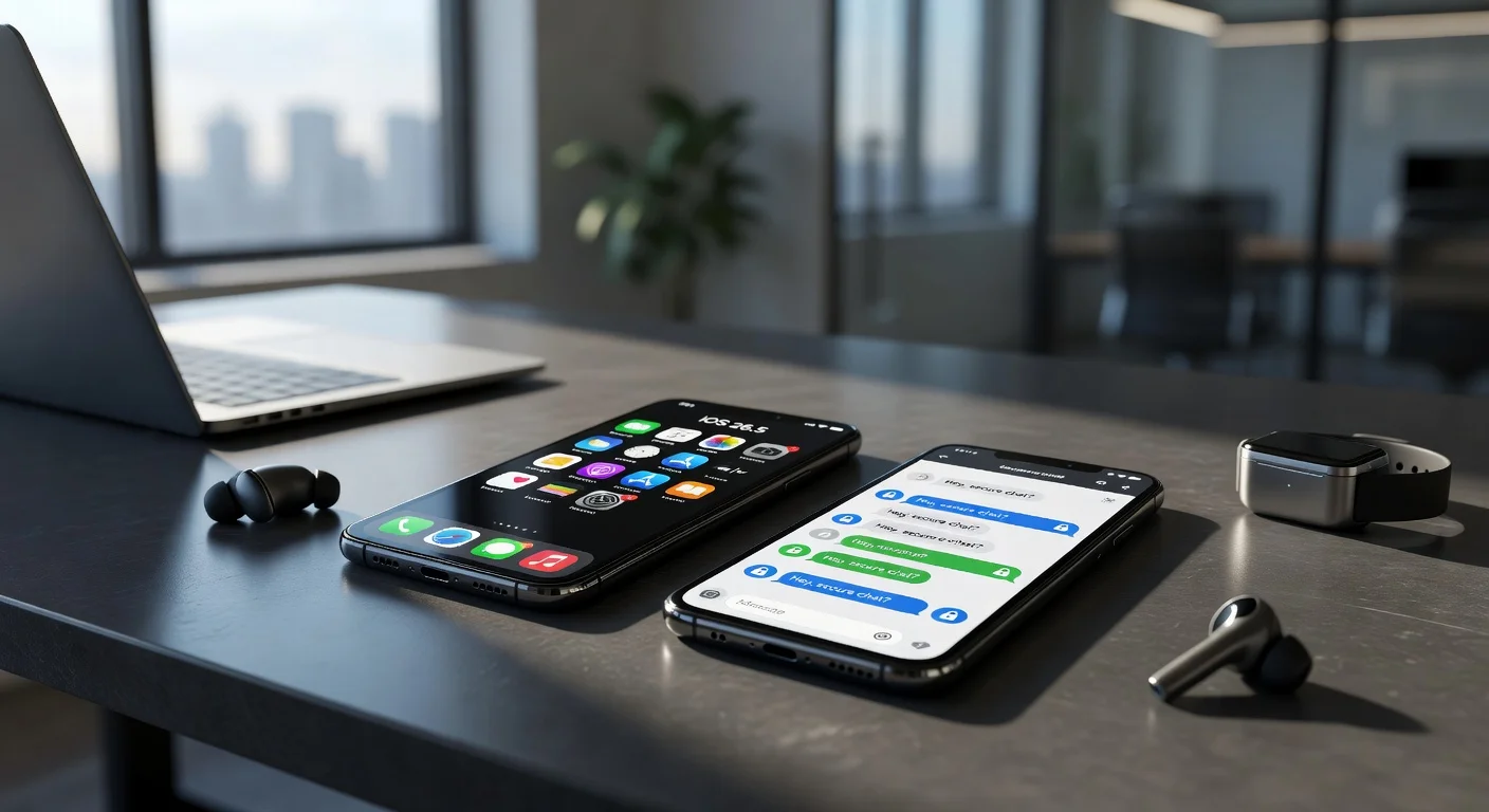 Illustration of iPhone and Android phones with encrypted RCS messaging on their screens, representing Apple's iOS 26.5 update.