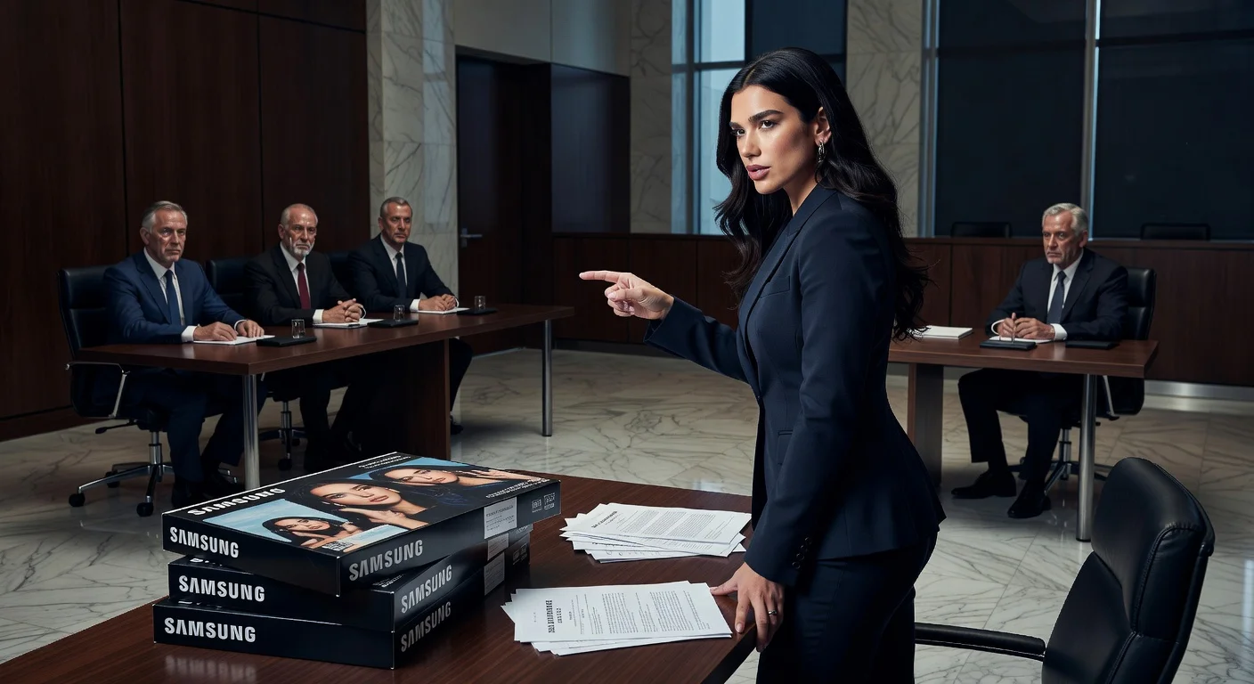 Dua Lipa in a courtroom confronting Samsung reps over TV boxes using her image without permission, for a news article on her lawsuit.