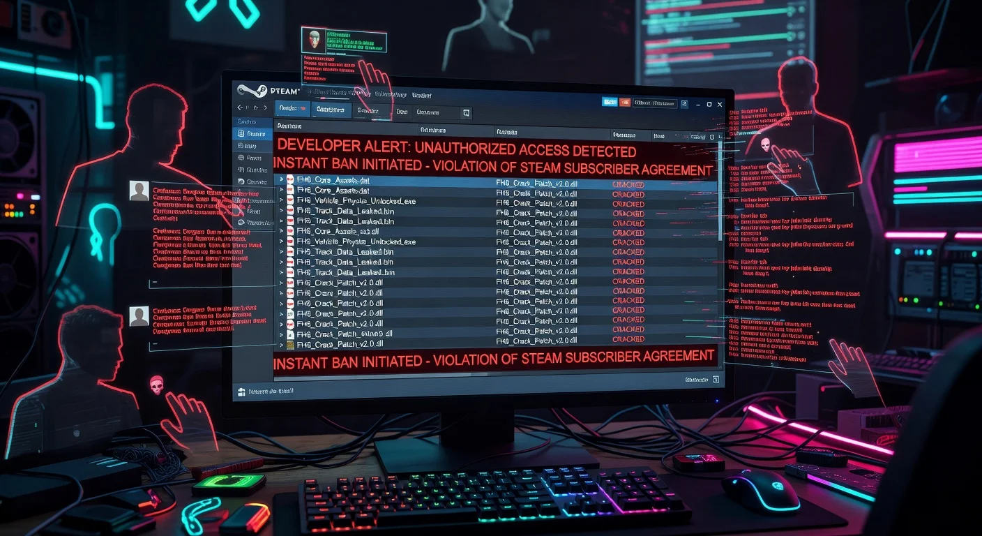 A photorealistic image showing a computer screen with leaked Forza Horizon 6 files on Steam, illustrating the early game leak and developer bans.