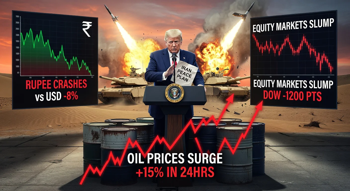 News illustration of oil prices surging after Trump rejects Iran peace plan, with market turmoil in India and US-Iran tensions.