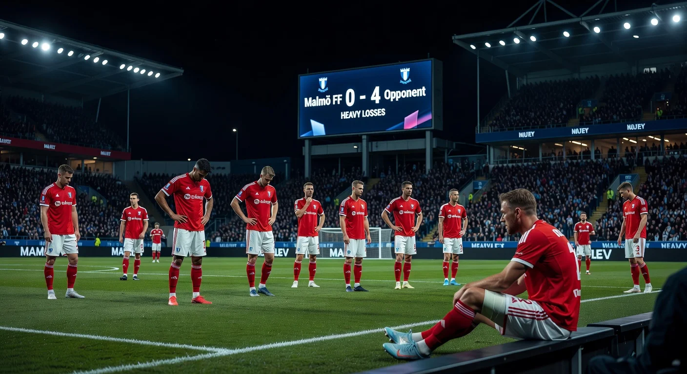 Malmö FF players dejected after conceding goals following Pontus Jansson's injury in a football stadium.