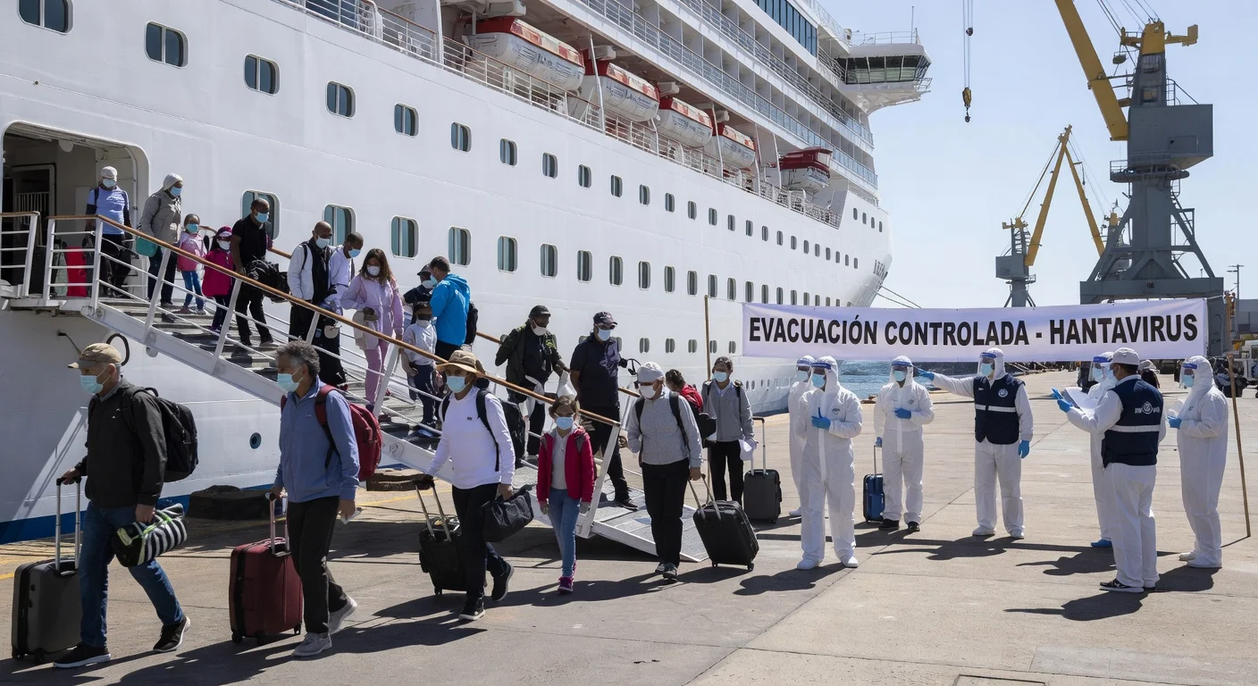Passengers from the Hondius ship disembarking at Tenerife port during a coordinated hantavirus evacuation.