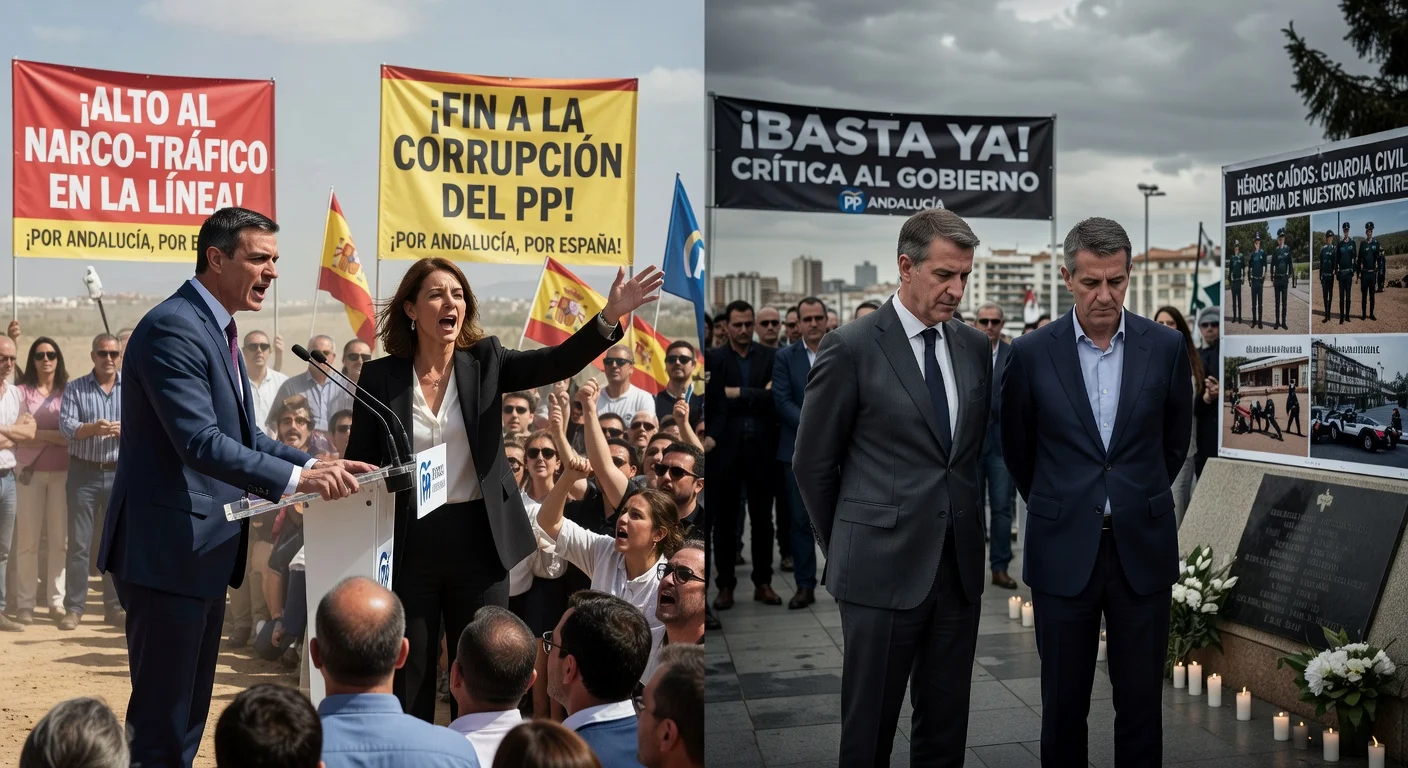 Split image of political rallies in Cádiz and Málaga featuring Sánchez, Montero, Feijóo and Moreno discussing drug trafficking, corruption and civil guard deaths.