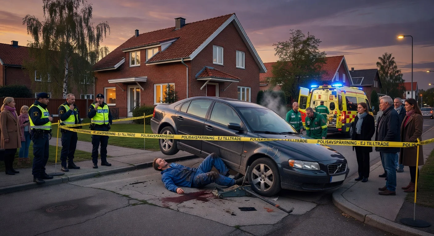 Illustration of a car that fell on a man working beneath it in a Malmö residential driveway.