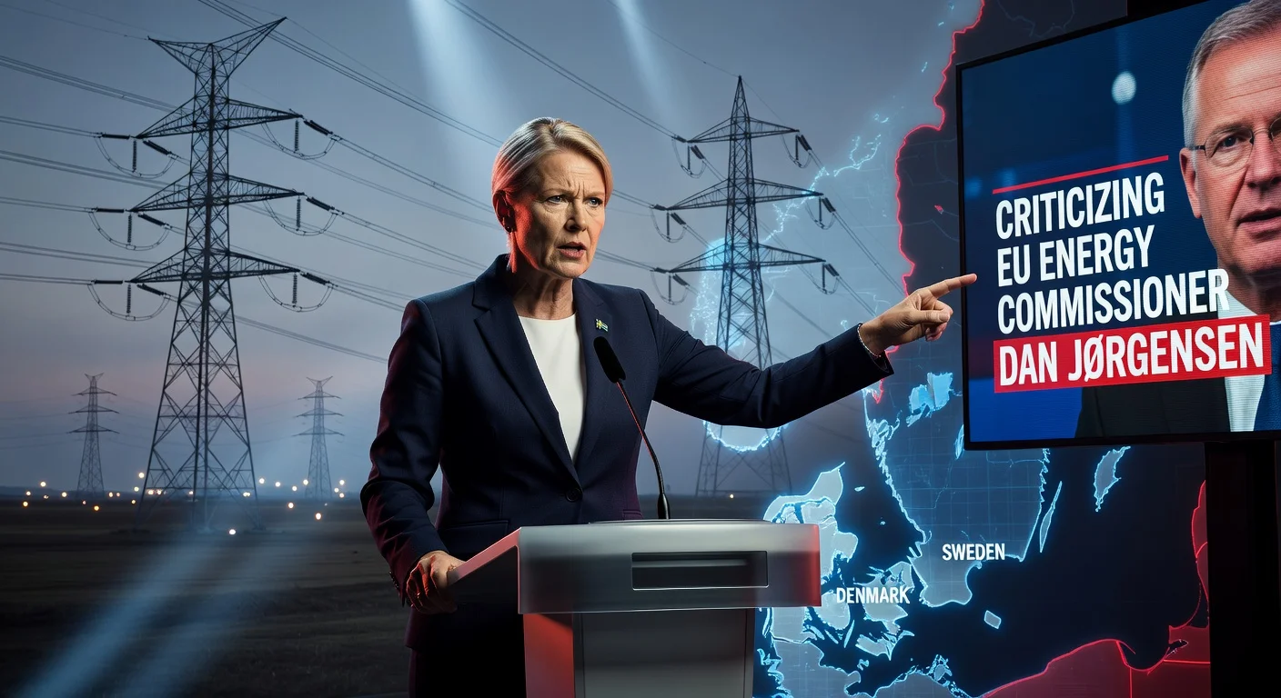 Ebba Busch criticizing EU commissioner on energy issues with power infrastructure visuals