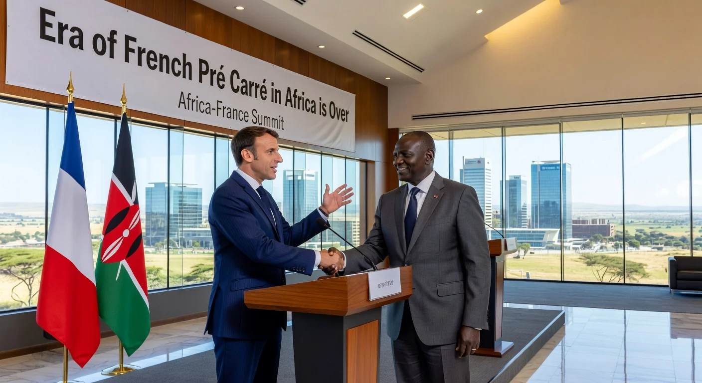 French President Emmanuel Macron and Kenyan President William Ruto at the Africa-France summit podium in Nairobi, symbolizing the end of traditional French influence in Francophone Africa.