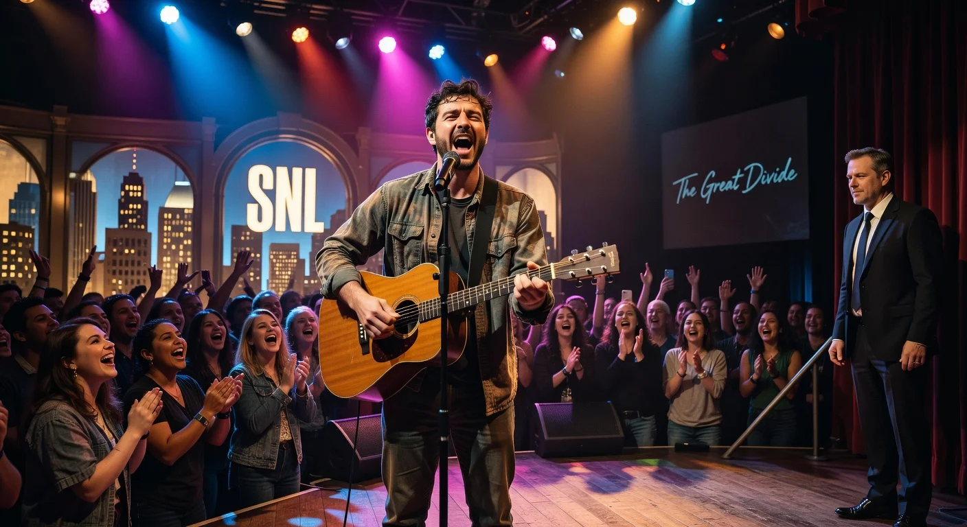 Noah Kahan on SNL stage performing with guitar, Matt Damon watching nearby.