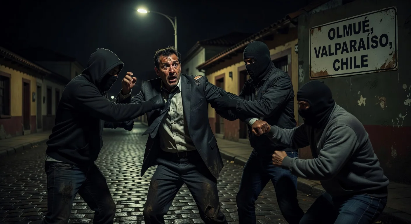 A dramatic nighttime scene showing the assault on Deputy Javier Olivares in Olmué, Chile, used to illustrate a news article about political violence.