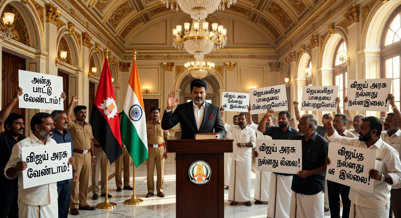 Illustration of Joseph Vijay's swearing-in ceremony highlighting the political controversy over the anthem order.