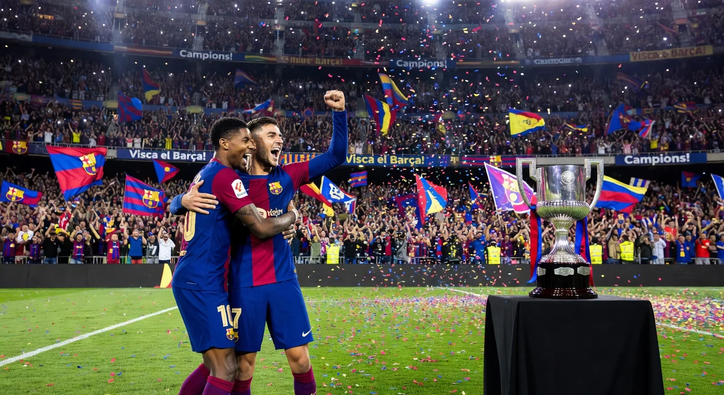 Barcelona players celebrating their LaLiga title win over Real Madrid at Nou Camp