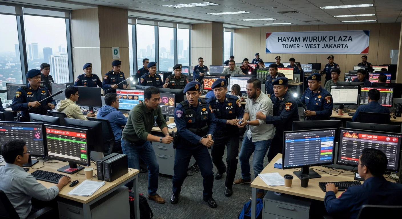 Indonesian police officers arresting suspects during a raid on an online gambling syndicate at a Jakarta tower.
