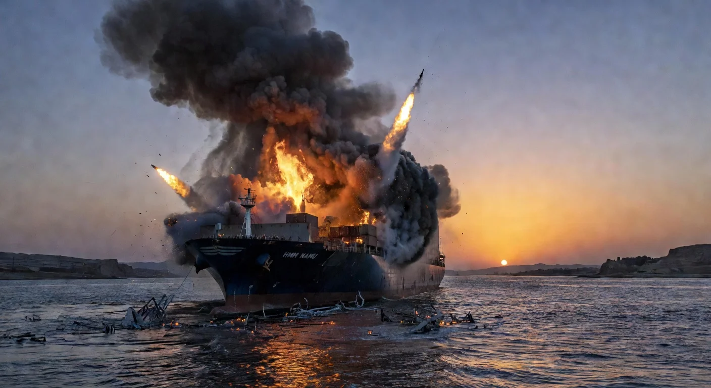 A dramatic scene of a ship explosion in the Strait of Hormuz caused by unidentified flying objects.