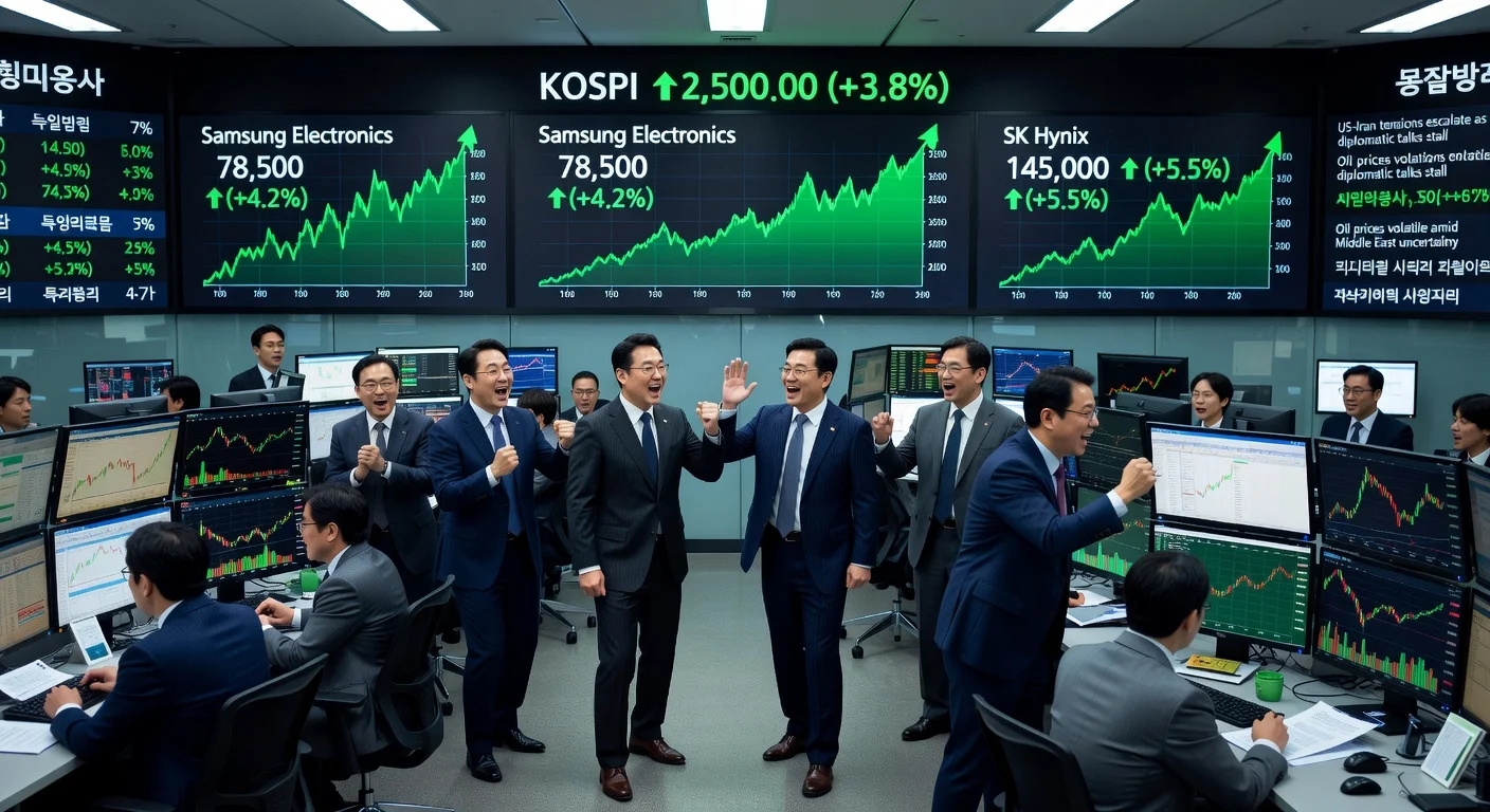 Illustration of KOSPI stock market high amid semiconductor gains and US-Iran concerns