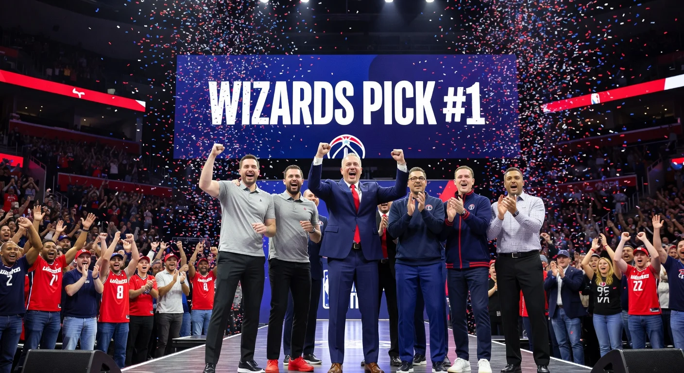 Photorealistic image of Washington Wizards celebrating their 2026 NBA Draft Lottery win for the No. 1 pick, with confetti and arena crowd.