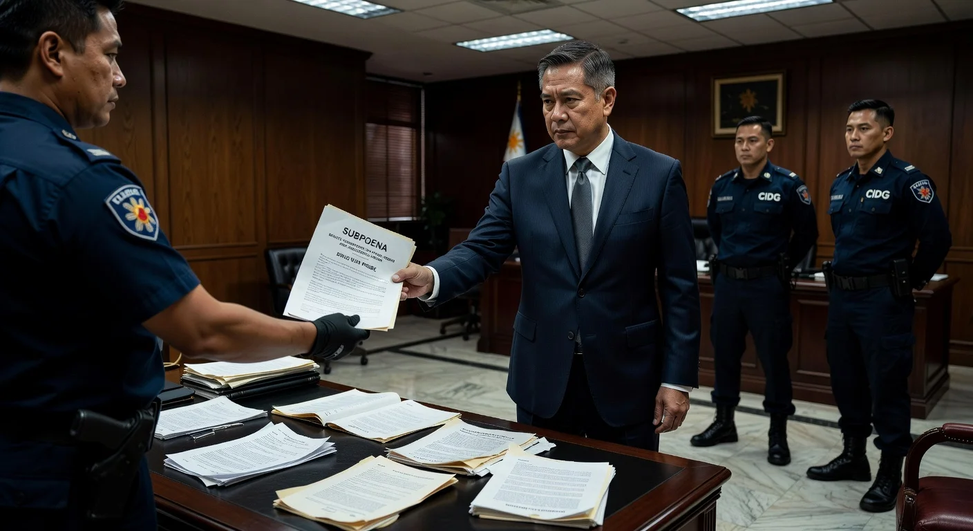 Illustration of Senator Bato dela Rosa being issued a subpoena by CIDG for the drug war investigation.