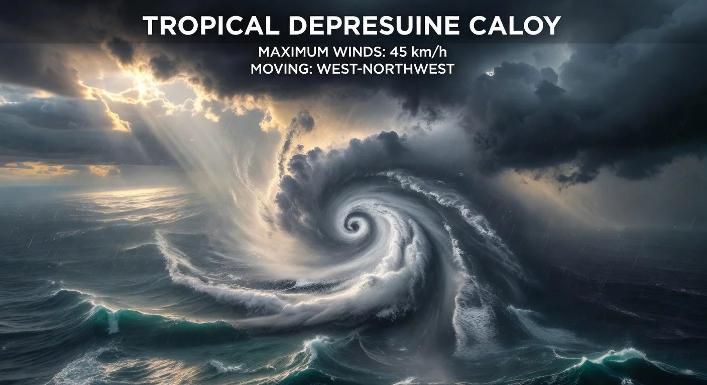 Satellite view of weakening Tropical Depression Caloy over the Philippine Sea, showing swirling clouds and ocean waves.