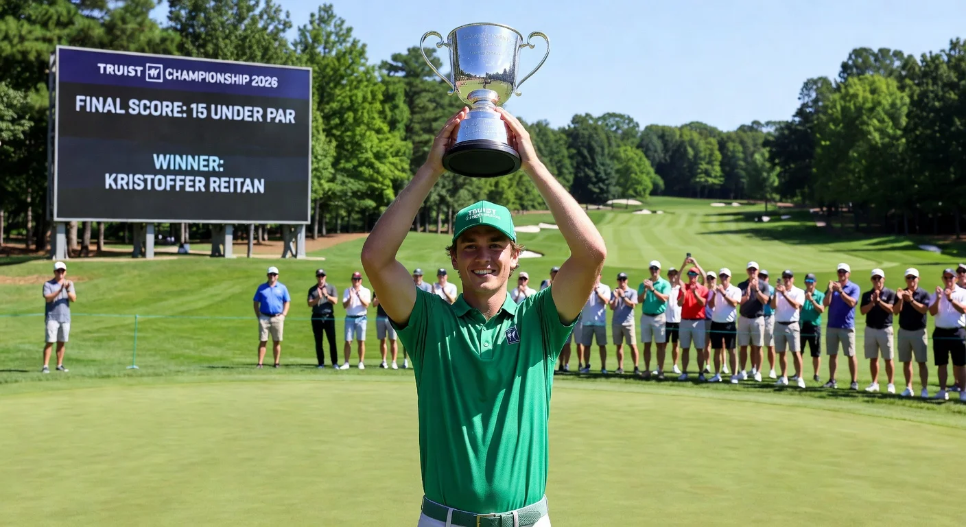 Kristoffer Reitan celebrating his first PGA Tour win at Quail Hollow Club with trophy in hand.