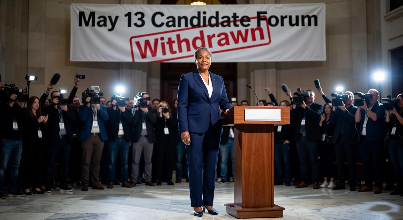 Illustration of LA Mayor Karen Bass at an empty podium symbolizing her withdrawal from a May 13 candidate forum.