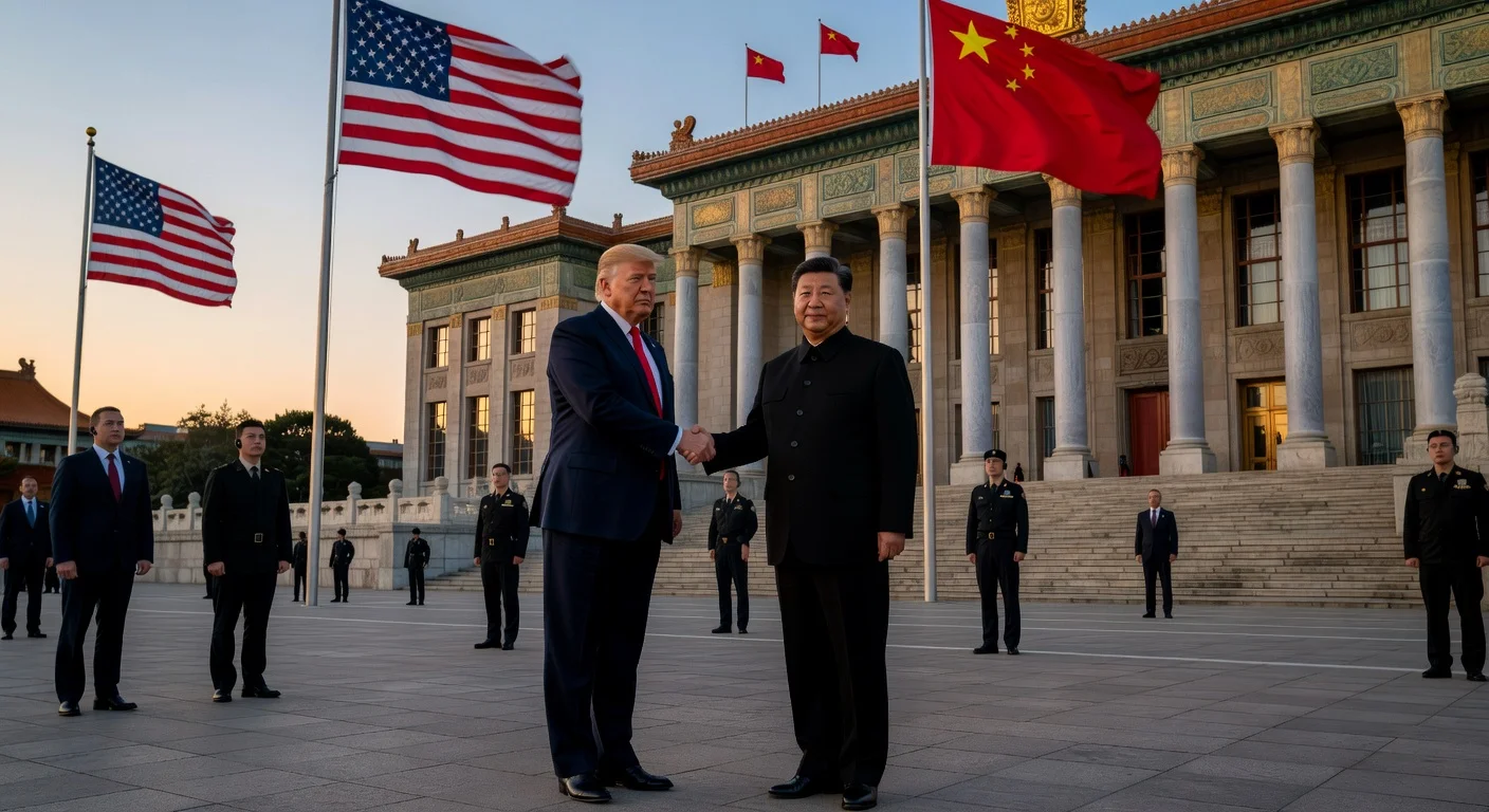 President Trump and President Xi Jinping shaking hands during a diplomatic arrival in Beijing for trade and security talks.