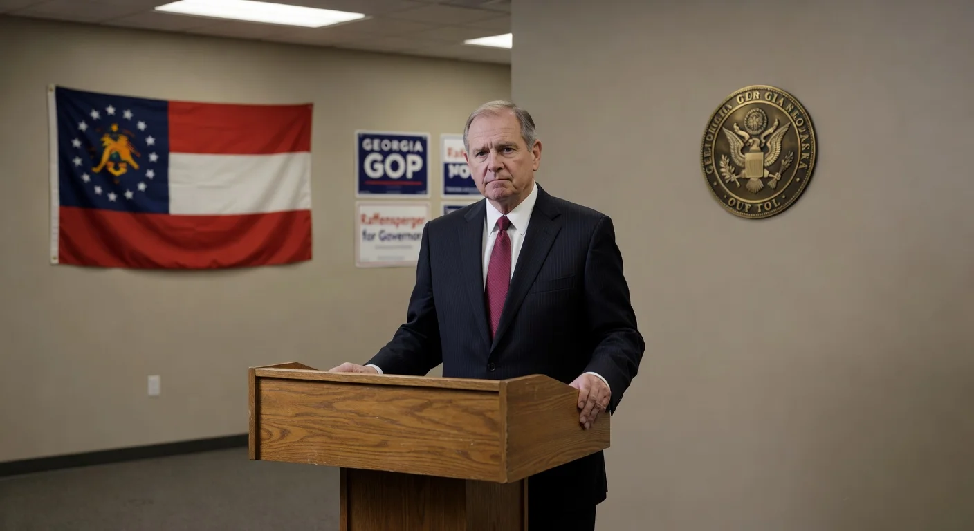 Illustration of Brad Raffensperger running a subdued campaign in the Georgia GOP governor primary.
