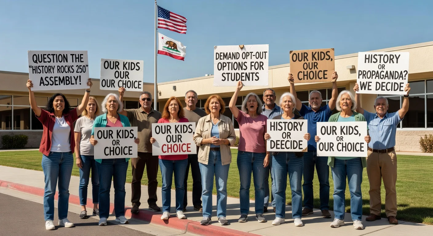 Parents and grandparents protesting outside Canyon Hills Junior High School over the History Rocks 250 assembly.