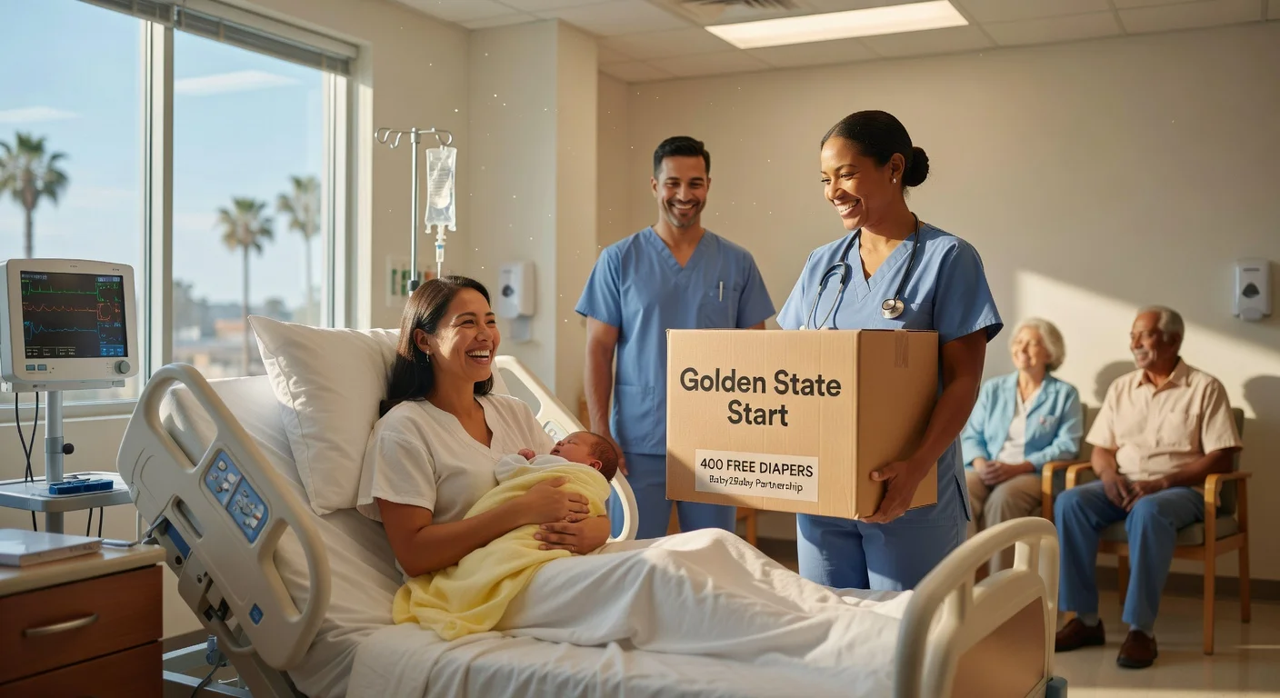 New mother receiving free diapers for her newborn in a California hospital under the Golden State Start program