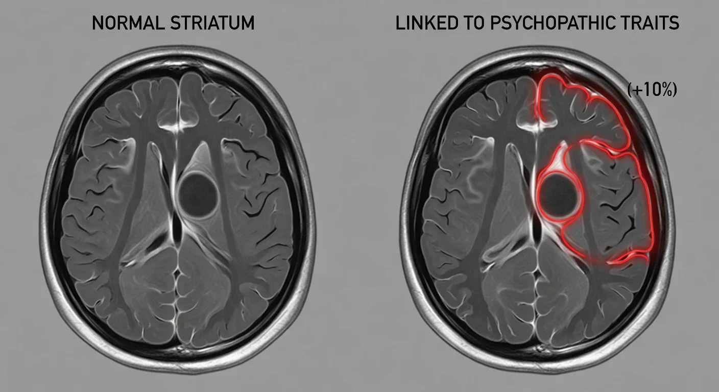 MRI scans comparing normal and enlarged striatum in brains related to psychopathic traits study