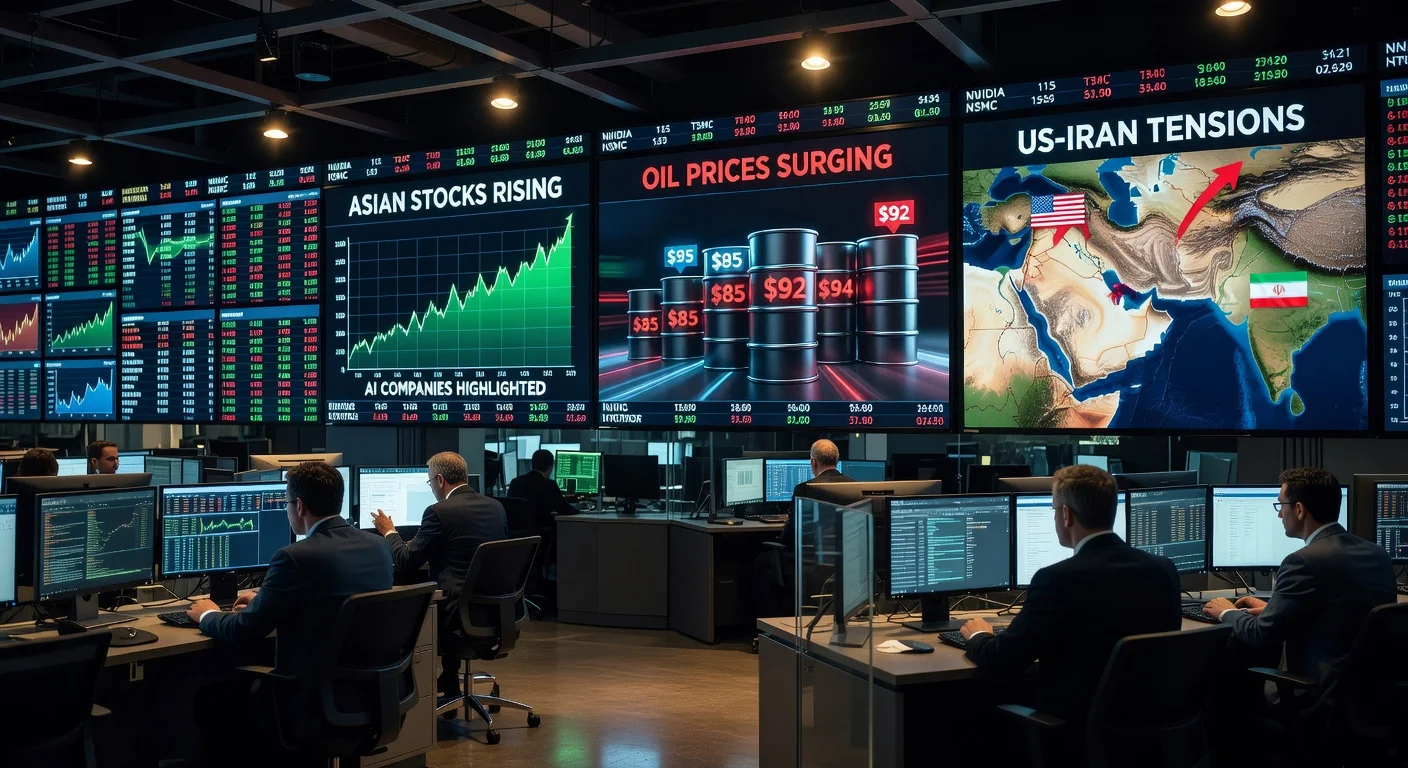 Illustration of rising Asian stocks and oil prices amid US-Iran tensions