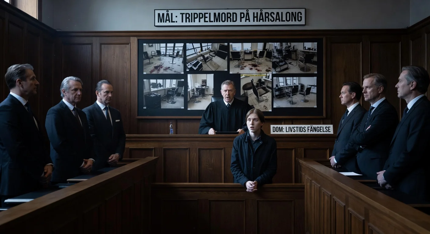 Courtroom scene of a 21-year-old man receiving a life sentence for triple murder in Uppsala.