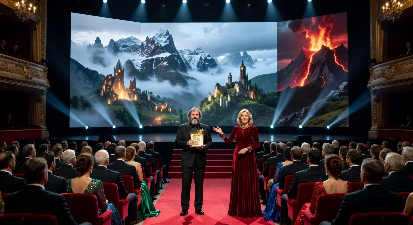 Illustration of Peter Jackson receiving honorary Palme d’Or at Cannes Film Festival opening with Jane Fonda