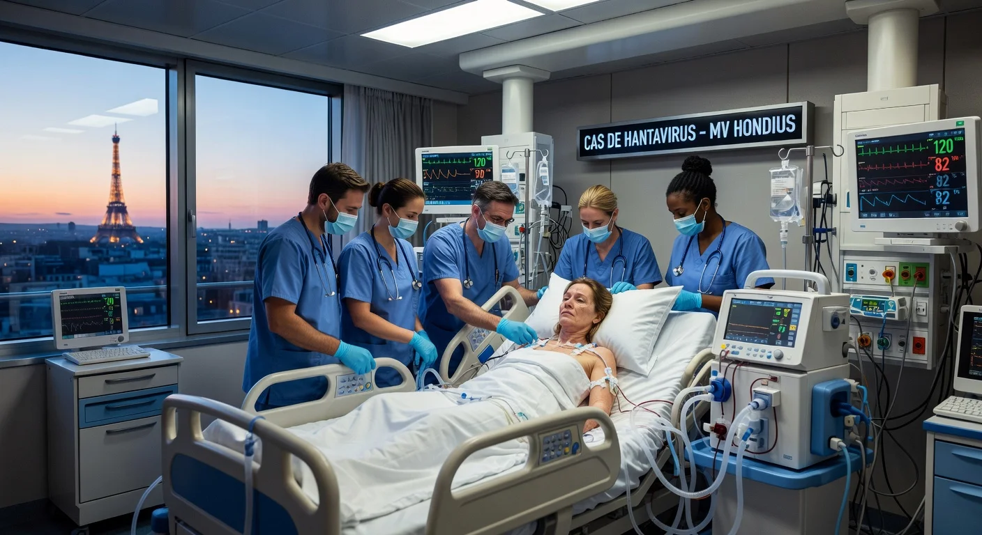 Photorealistic illustration of a female hantavirus patient in critical care in a Paris ICU connected to an artificial lung, with medical staff.