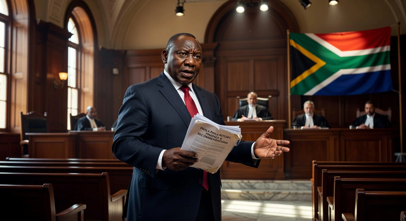 Illustration of President Ramaphosa in court challenging the Phala Phala farm theft report.