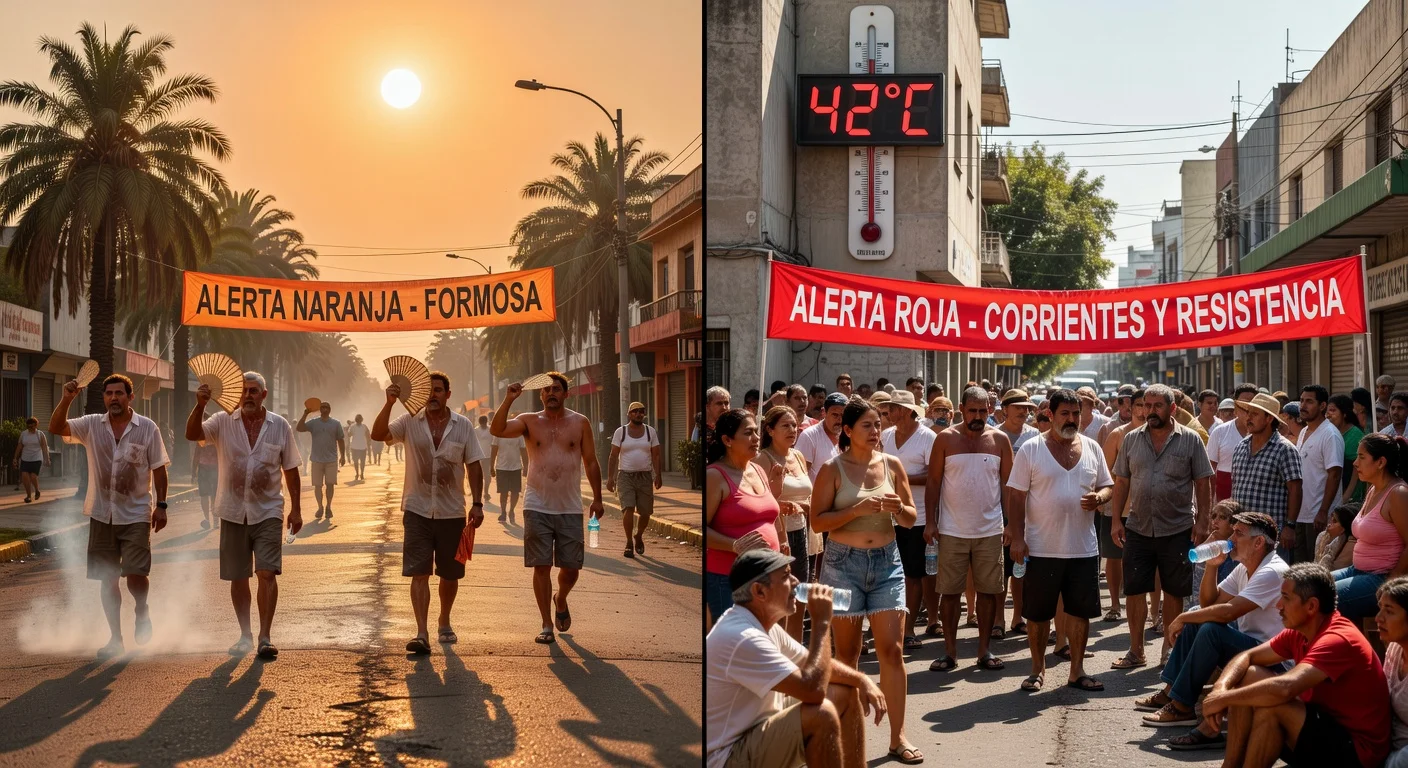 Photorealistic depiction of extreme heat alerts affecting Formosa, Corrientes, and Resistencia, showing residents battling intense summer temperatures.