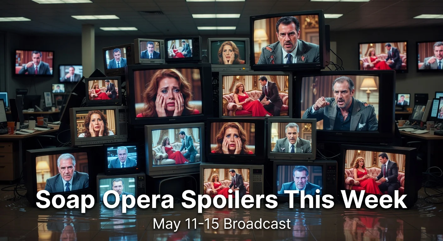 Illustration of multiple TV screens displaying dramatic soap opera scenes with spoiler text overlays for the upcoming broadcast week.