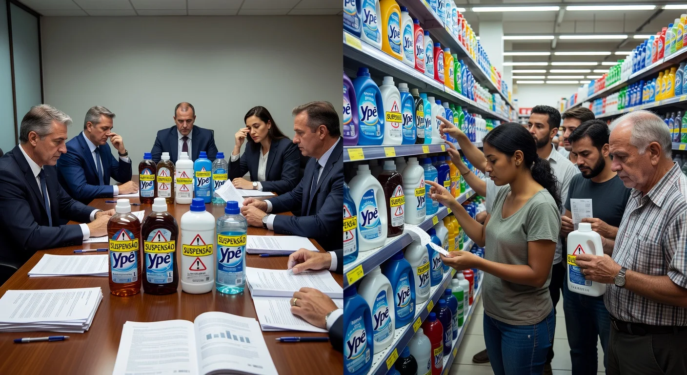 Anvisa officials reviewing Ypê detergent products for potential suspension, with concerned consumers nearby.