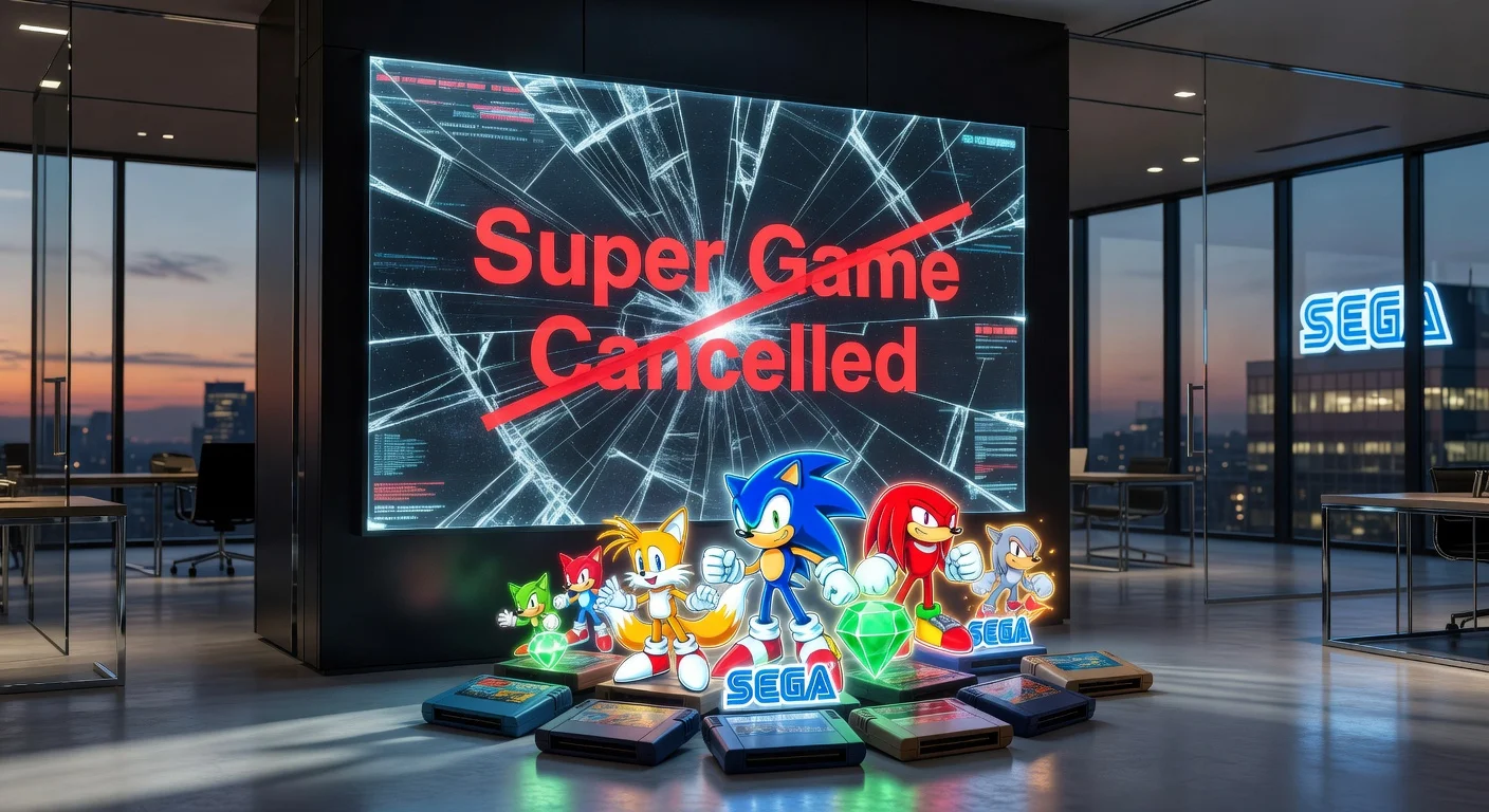 Illustration of Sega cancelling its Super Game project while reviving classic franchises.