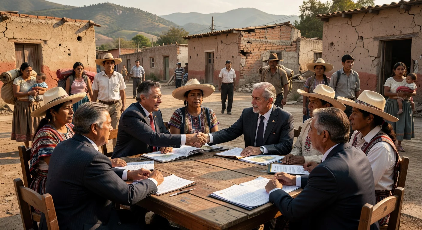 Mexican officials and community leaders in Chilapa discuss peace after violence, with signs of displacement in the background.