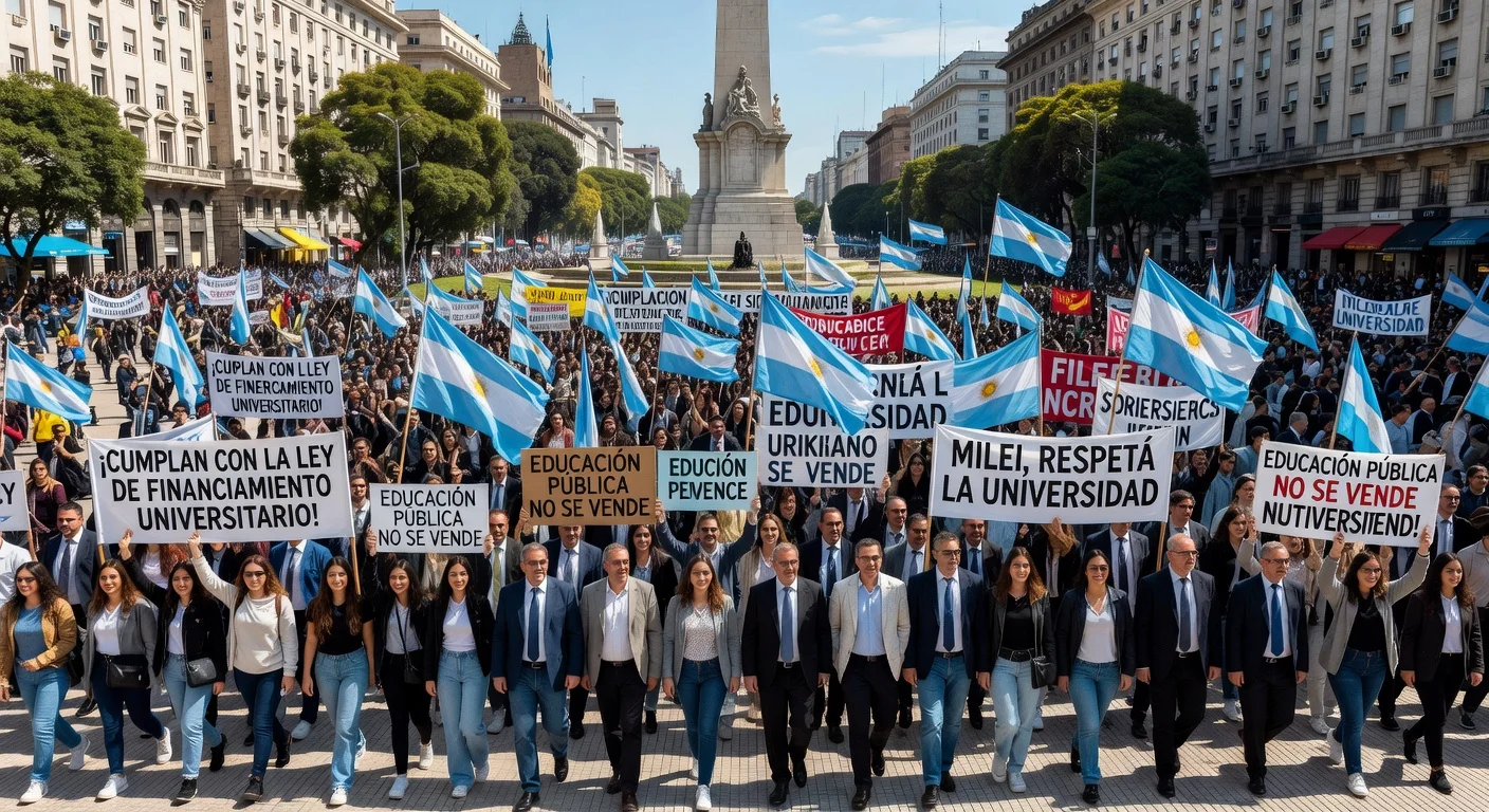 A large crowd of protesters marching in Plaza de Mayo demanding university funding compliance.