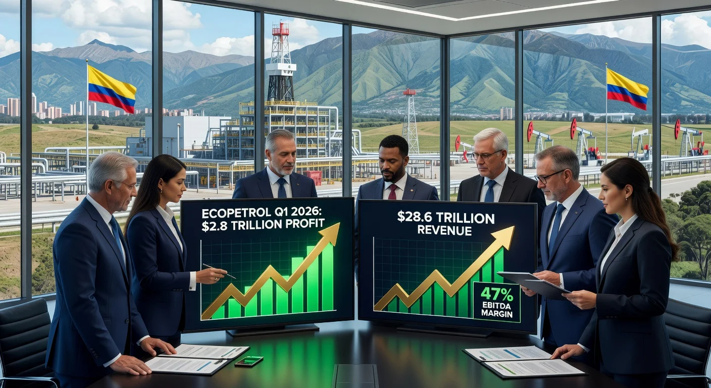 Illustration of Ecopetrol's Q1 2026 profits with oil facilities, charts, and Colombian elements for a news article.