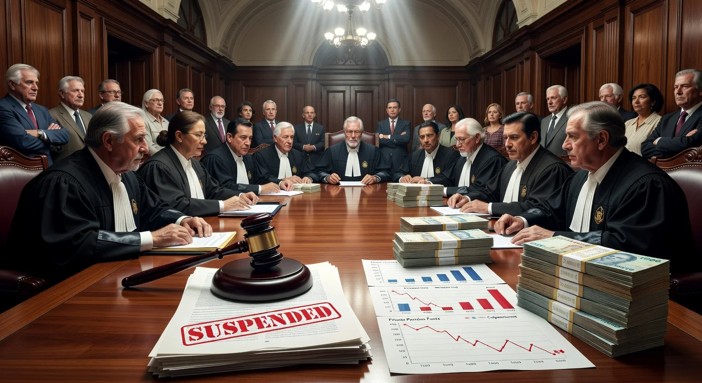 Illustration showing the suspension of a 25 trillion peso pension transfer by Colombia's State Council, with judges, documents, and concerned citizens.