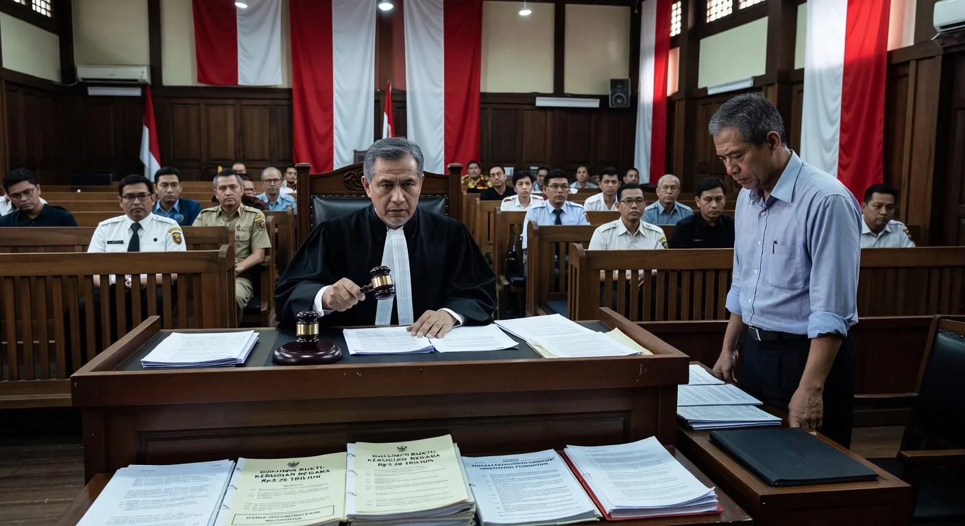 Courtroom scene of a judge sentencing a man for Chromebook corruption with Rp5.26 trillion losses shown