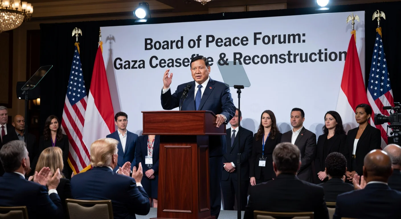 President Prabowo Subianto pledges Indonesian troops to Gaza peace at Board of Peace forum in Washington DC.